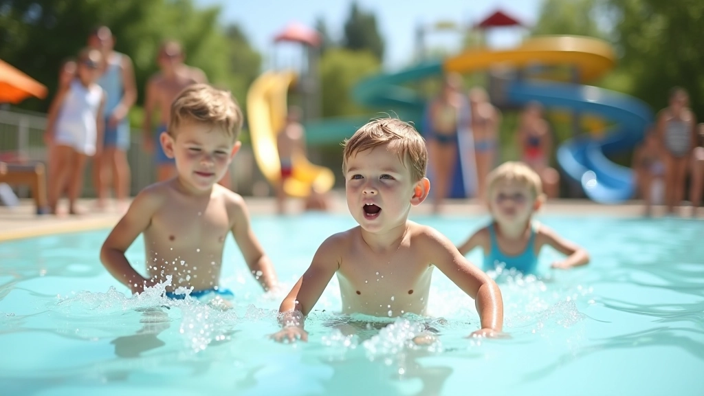 Enfants s'amusant dans parc aquatique avec parents