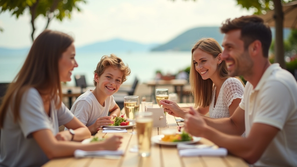 Famille au restaurant en vacances, souriant avec les assiettes devant eux