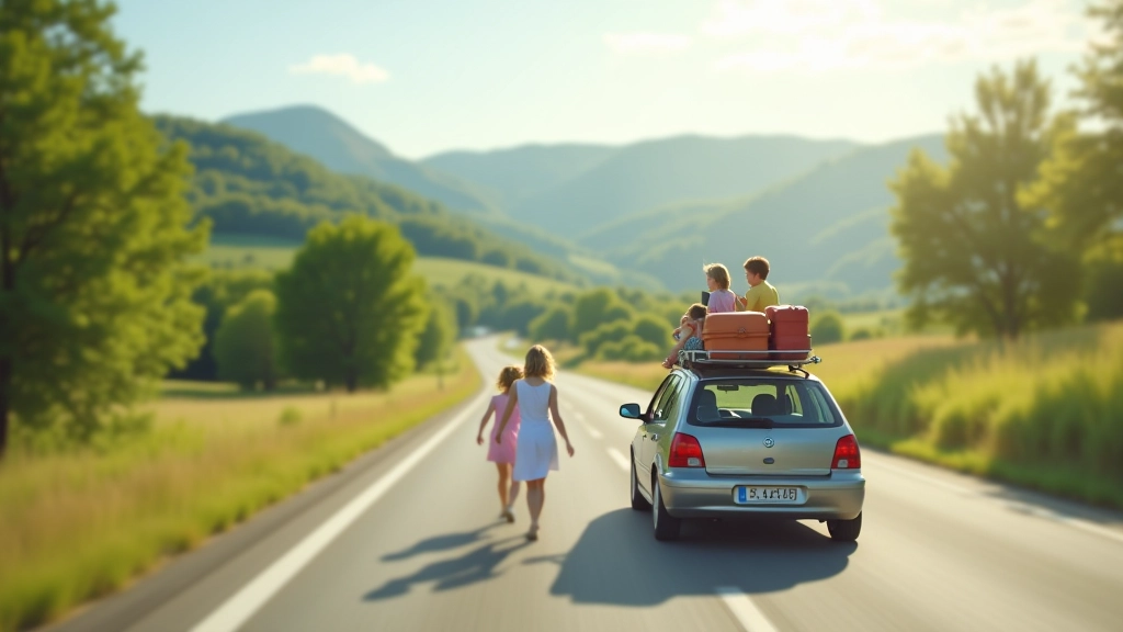 Famille en voiture avec valises, route de vacances, paysage français