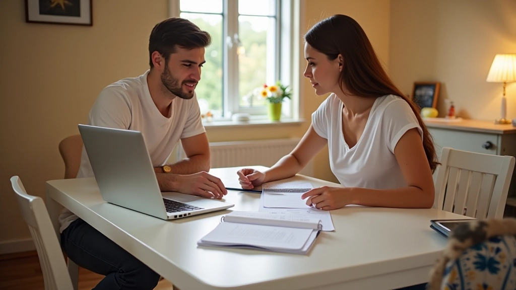 Famille planifiant ses vacances avec calendrier et bloc-notes, ordinateur portable, ambiance de préparation