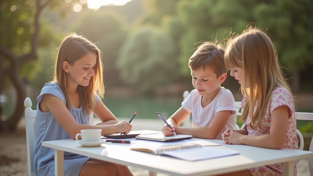 Famille notant ses dépenses quotidiennes en vacances, carnet et stylo