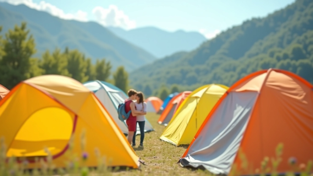 Camping familial avec tentes colorées et enfants jouant à proximité